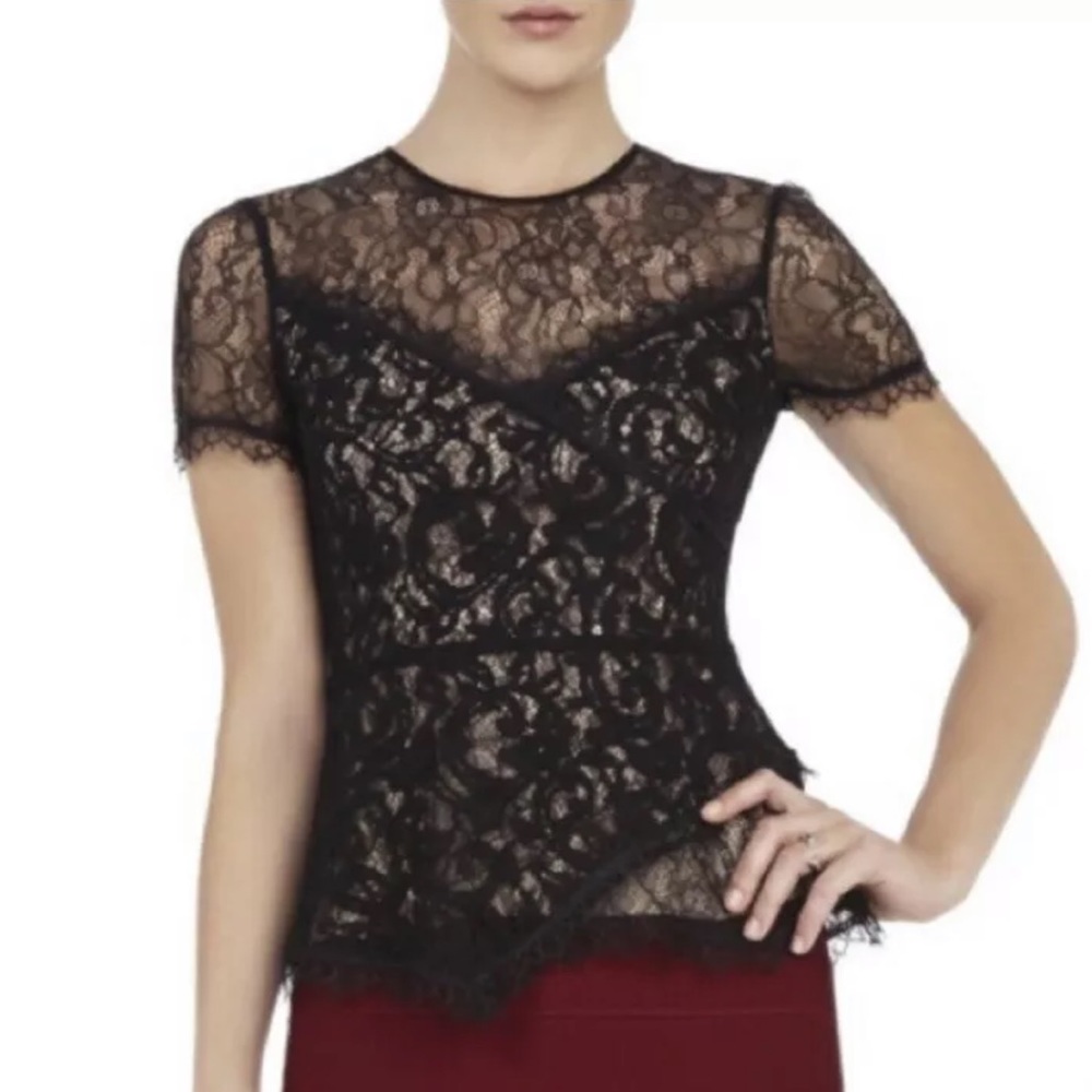 NWT BCBGMaxAzria Cindee Black Lace Peplum Top
